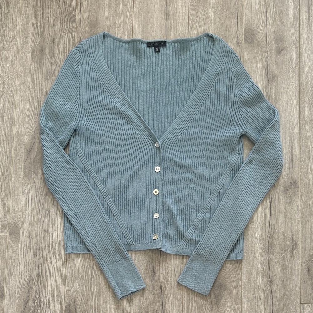 Dynamite Ribbed V-Neck Cardigan - Blue Gray